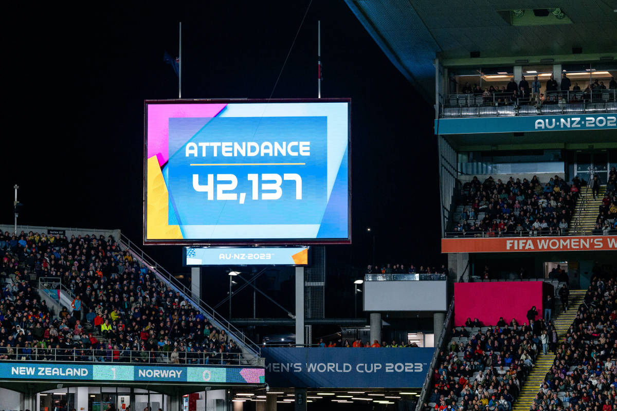 A photo taken during a game at the 2023 Women's World Cup between New Zealand and Norway, which was watched live by 42,137 fans at Auckland's Eden Park